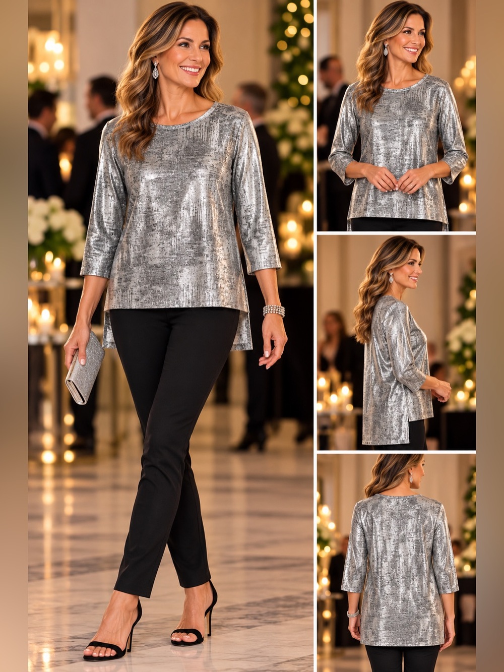Karen Kane Silver Metallic Shimmer Tunic Top XS Hi-Low 3/4 Sleeve Made USA